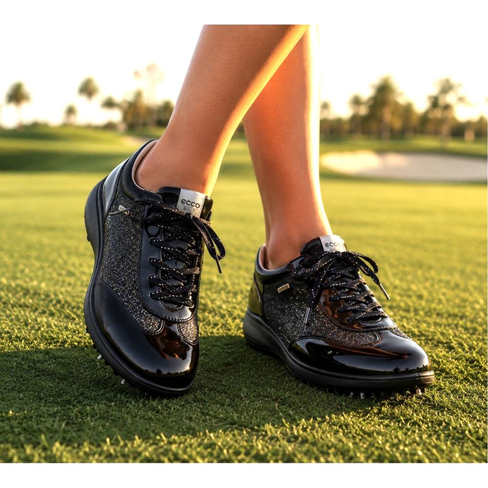 ECCO Women's Street EVO One Golf Shoes Black Patent Glitter Lace-Up New w/ Tags